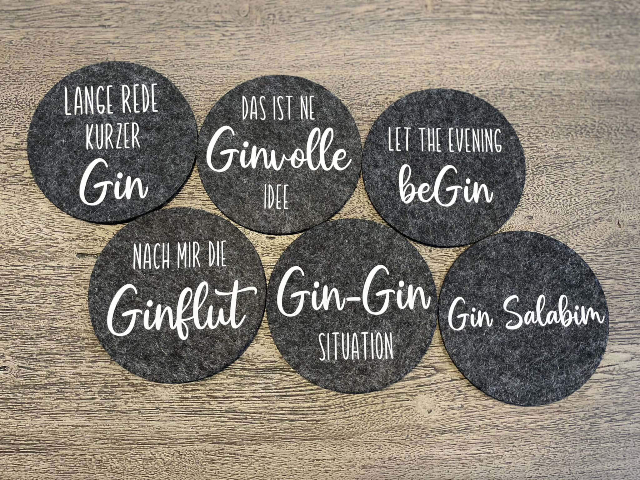 GinUntersetzer aus Filz (rund) mit Sprüchen im 6er Set